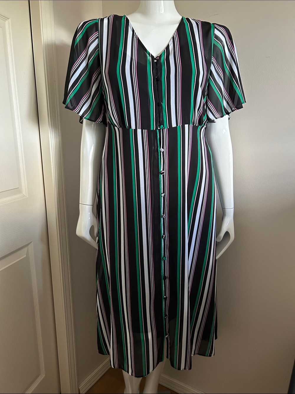 Love & Legend Black, White, Pink & Green Striped Button-Front Midi Dress, 1X
